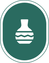 Icon of a vase with zigzag patterns, centered on a green oval background.