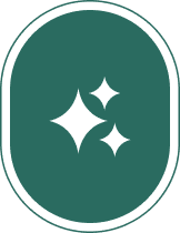 A green oval icon with three white sparkling stars in the center.