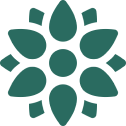 A teal flower-like geometric design with eight petals arranged around a central circle.