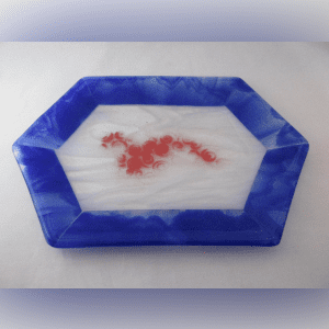 A blue and white tray with red dinosaur on it.