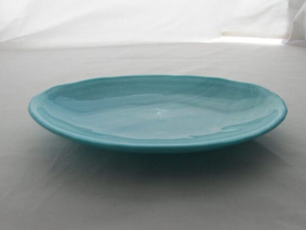 A blue plate sitting on top of a table.