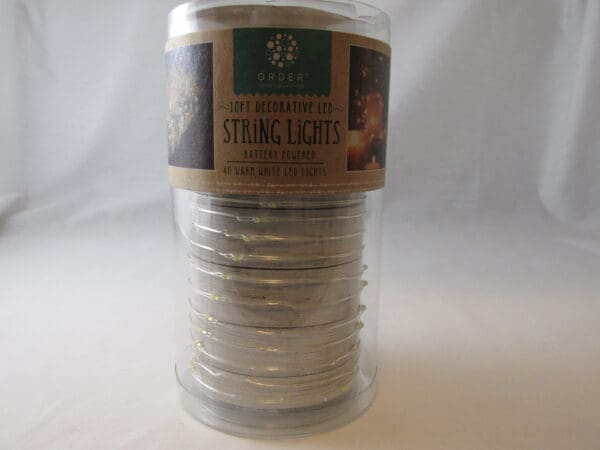 A jar of string lights with the label