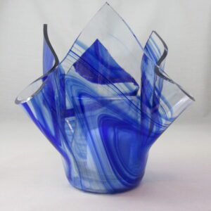 Blue marbled glass vase with ruffled rim