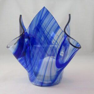 Blue swirled art glass vase with ruffled rim